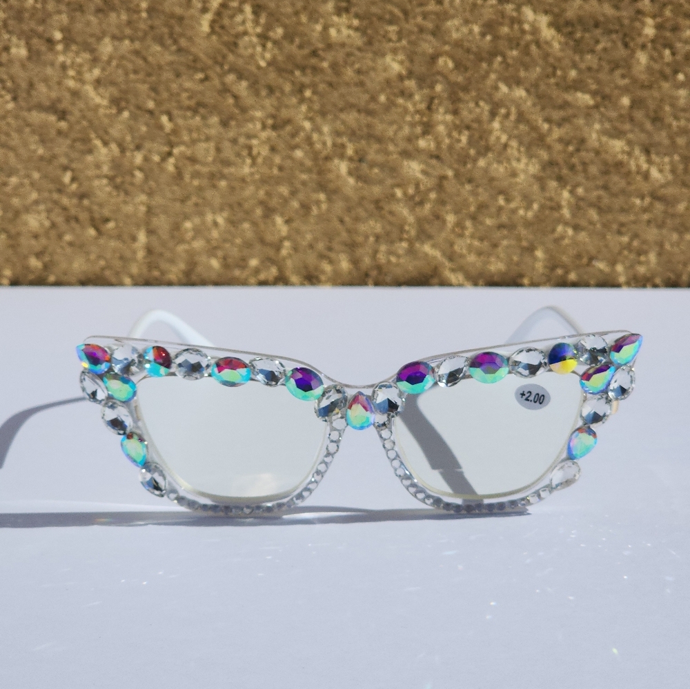 Women's Bling Cat Eye Readers Colorful Rhinestones AB Reading Glasses White+1.00 - Picture 4 of 10